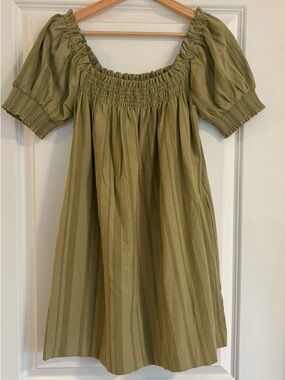 Anthropologie Olive Green Smocked Puff Sleeve Mini Dress